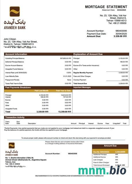 Iran Bank Ayandeh wyciąg z kredytu hipotecznego szablon Word i PDF
